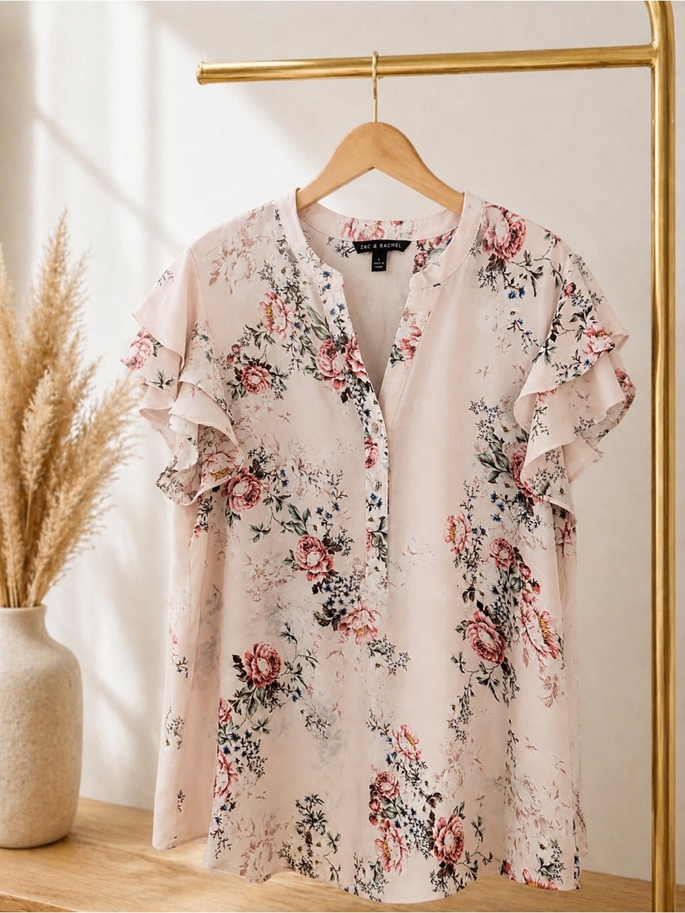 Zac & Rachel Pink Floral Ruffle Sleeve Blouse Sz Large Coquette Feminine